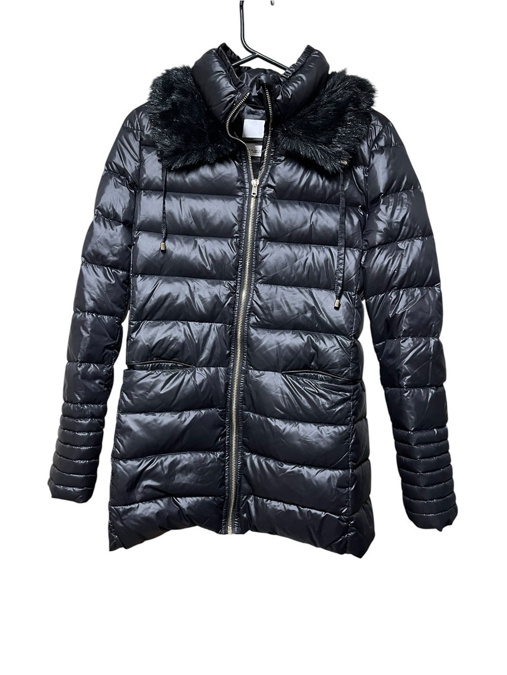 Mango Black Quilted Puffer Jacket with Faux Fur Collar
